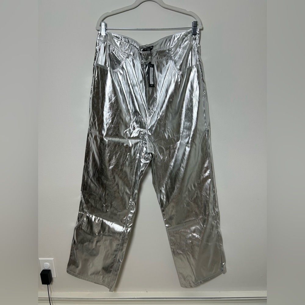 PrettyLittleThing Plus Silver Metallic Coated Straight Leg Trousers